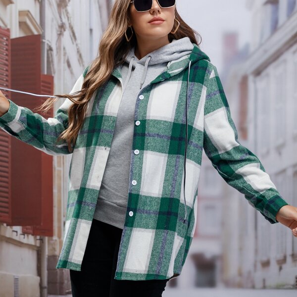 

Plus Plaid Print Drawstring Hooded Coat, Multicolor