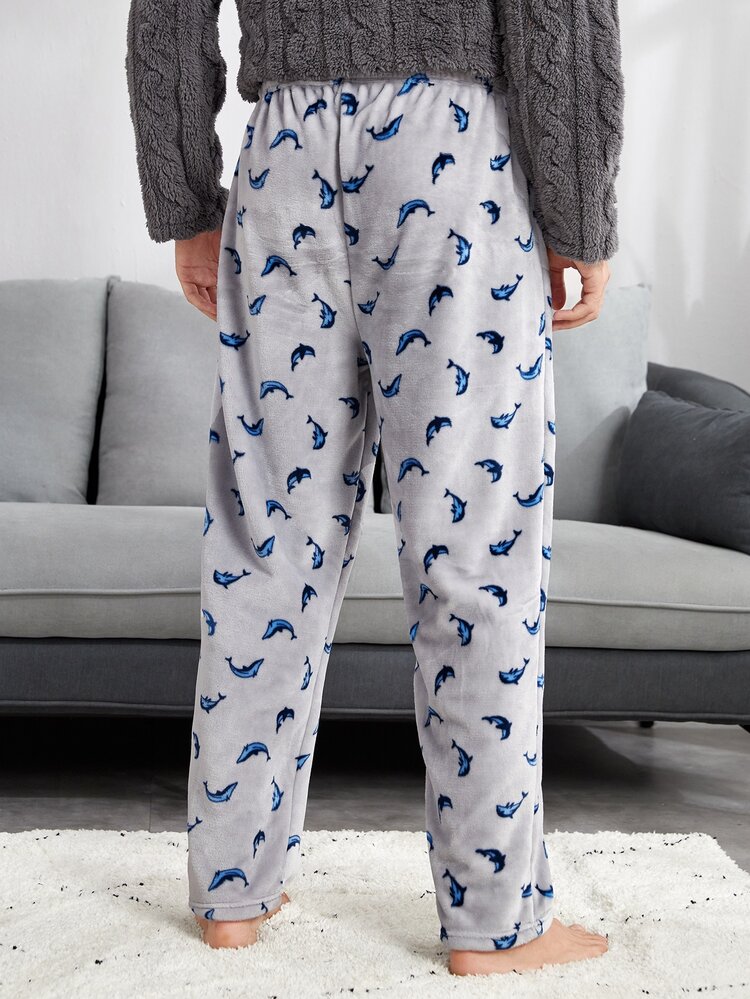 Men Allover Whale Pattern Flannel Pyjama Trousers - Grey - View 2
