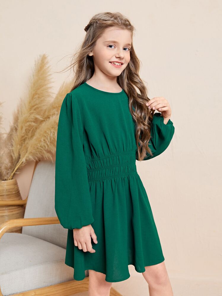 SHEIN Girls Lantern Sleeve Keyhole Back Ruched Dress - Green - View 1