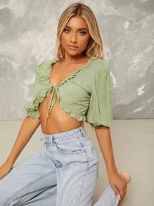 SHEIN 褶邊前繫帶短款上衣 - 青檸色 - 查看 4