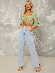 SHEIN 褶邊前繫帶短款上衣 - 青檸色 - 查看 5