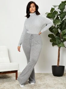 SHEIN EZwear 大碼高腰前繫帶喇叭褲 - 淺灰色 - 查看 3