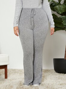 SHEIN EZwear 大碼高腰前繫帶喇叭褲 - 淺灰色 - 查看 4