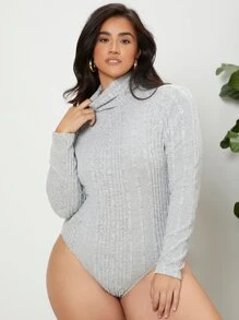 SHEIN Essnce Plus High Neck Slim Fit Ribbed Knit Bodysuit - Light Grey - View 1