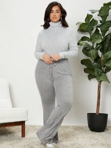 SHEIN Essnce Plus High Neck Slim Fit Ribbed Knit Bodysuit - Light Grey - View 4