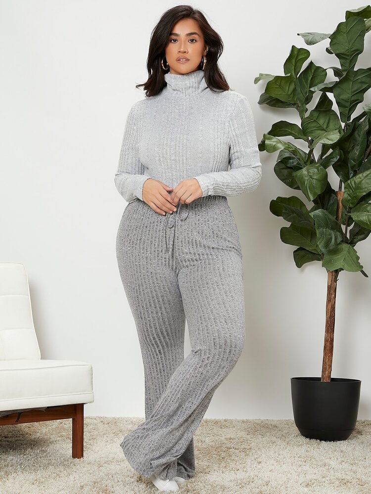 SHEIN Essnce Plus High Neck Slim Fit Ribbed Knit Bodysuit - Light Grey - View 4