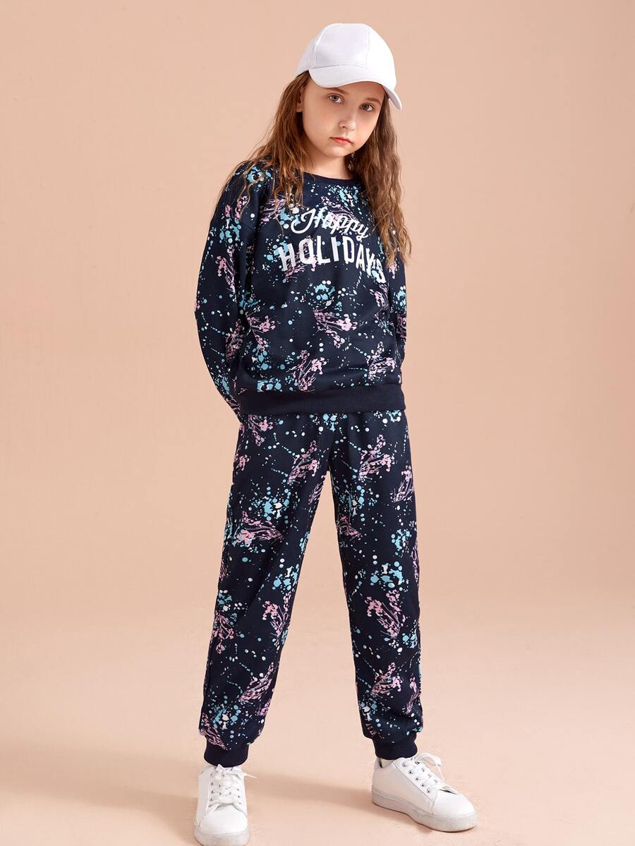 SHEIN Niñas con letra & de salpicar con estampado de hombros caídos Pullover & Pantalones deportivos - Multicolor - Ver 1