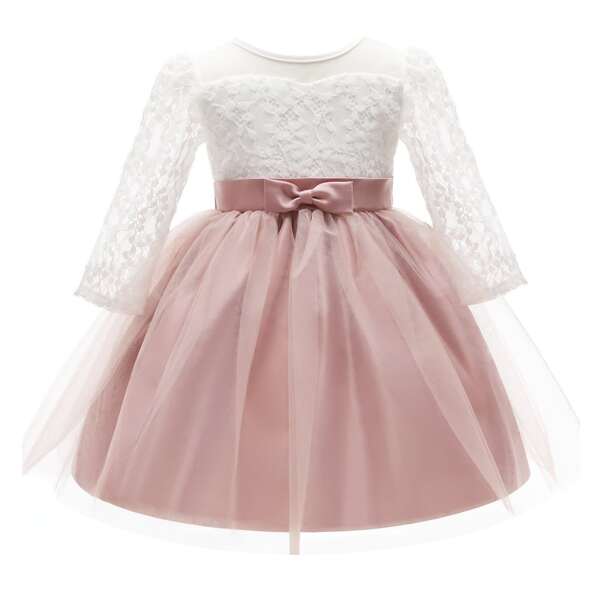 

Toddler Girls Lace Mesh Panel Bow Front Dress, Multicolor