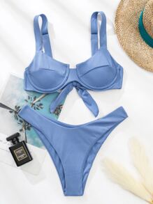 SHEIN Swim Summer Beach Ribbed Underwire High Cut Bikini