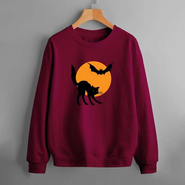 

Halloween Cat & Bat Print Sweatshirt, Burgundy