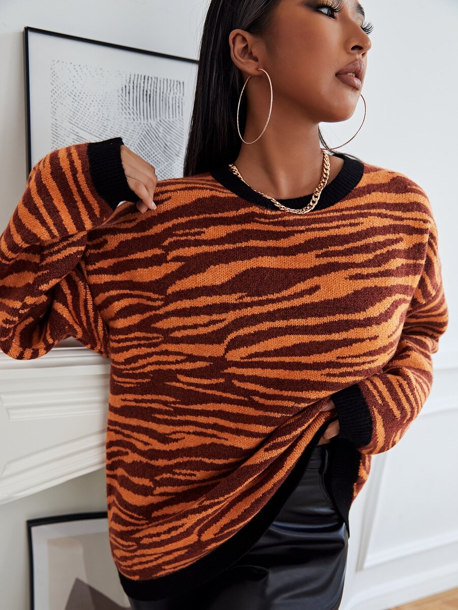 SHEIN Drop Shoulder Tiger Striped Pattern Jumper