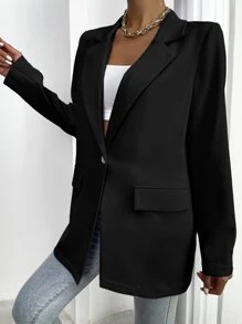 Lapel Collar Flap Detail Blazer Without Belt - Black - View 3
