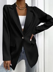 Lapel Collar Flap Detail Blazer Without Belt - Black - View 4
