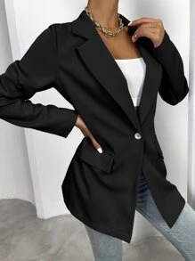 Lapel Collar Flap Detail Blazer Without Belt - Black - View 6