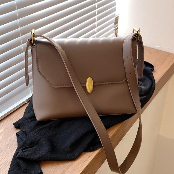 

Metal Decor Flap Square Bag, Coffee brown
