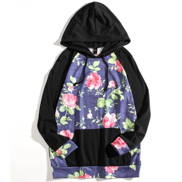 

Flower Print Kangaroo Pocket Drawstring Hoodie, Multicolor