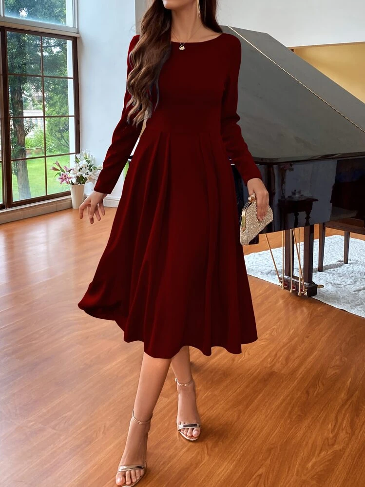 long sleeve burgundy dresses for women Fit and flare burgundy wool dress women 4545 main image 1