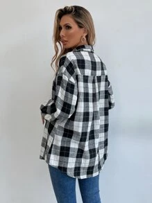 SHEIN LUNE 落肩格纹长款女式衬衫 - 黑與白 - 查看 2