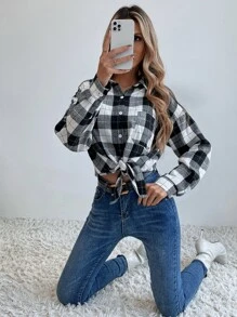 SHEIN LUNE 落肩格纹长款女式衬衫 - 黑與白 - 查看 3