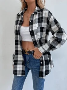 SHEIN LUNE 落肩格纹长款女式衬衫 - 黑與白 - 查看 4