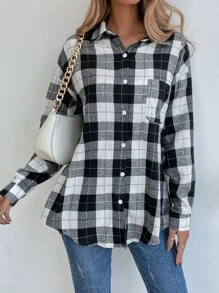 SHEIN LUNE 落肩格纹长款女式衬衫 - 黑與白 - 查看 5