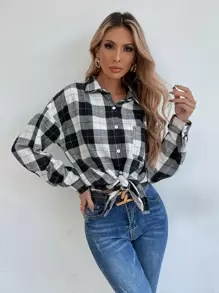 SHEIN LUNE 落肩格纹长款女式衬衫 - 黑與白 - 查看 6