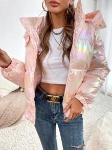 Holographic Hooded Padded Padded Coat Clothes Winter - Baby Pink - View 3