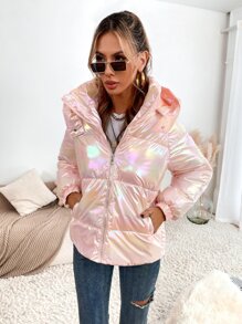Holographic Hooded Padded Padded Coat Clothes Winter - Baby Pink - View 5