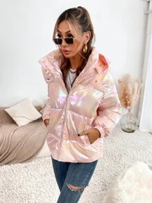 Holographic Hooded Padded Padded Coat Clothes Winter - Baby Pink - View 6