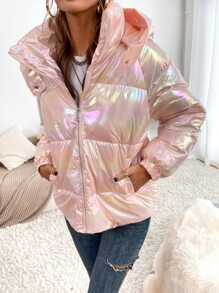 Holographic Hooded Padded Padded Coat Clothes Winter - Baby Pink - View 7