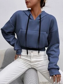 SHEIN Unity 落肩袖短款連帽衫 - 霧霾藍 - 查看 1