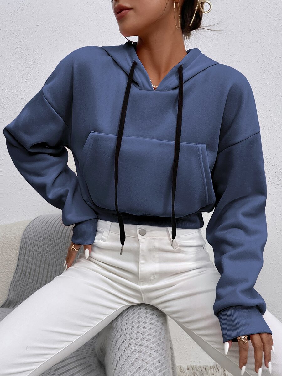 SHEIN Unity Drop Shoulder Crop Hoodie - Dusty Blue - View 1