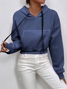 SHEIN Unity 落肩袖短款連帽衫 - 霧霾藍 - 查看 3