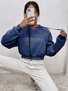 SHEIN Unity 落肩袖短款連帽衫 - 霧霾藍 - 查看 5