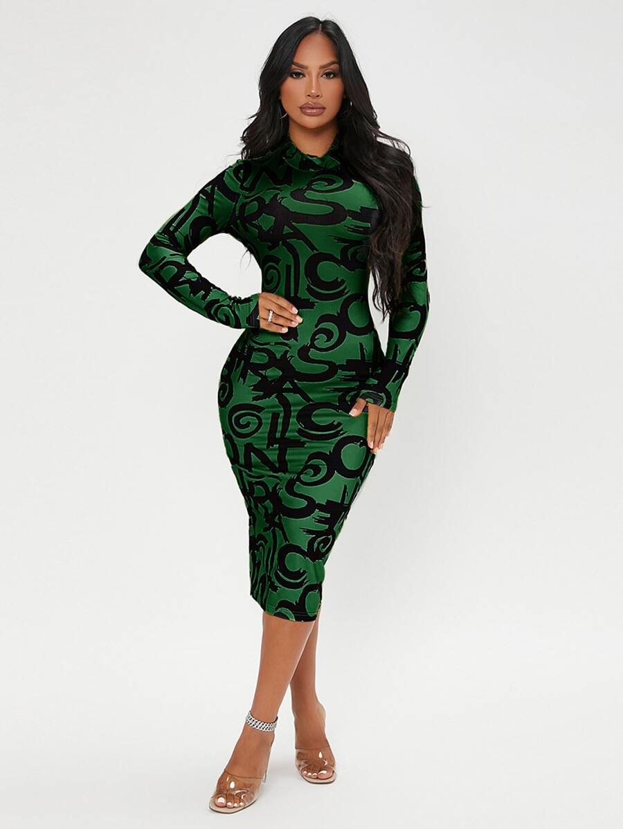 SHEIN SXY Đầm Tách cao Đồ họa Lá thư Thanh lịch - màu xanh lá - Xem 1