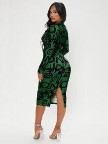 SHEIN SXY Đầm Tách cao Đồ họa Lá thư Thanh lịch - màu xanh lá - Xem 2