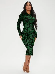 SHEIN SXY Đầm Tách cao Đồ họa Lá thư Thanh lịch - màu xanh lá - Xem 3