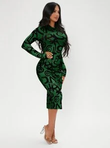 SHEIN SXY Đầm Tách cao Đồ họa Lá thư Thanh lịch - màu xanh lá - Xem 5