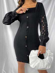 SHEIN Privé Đầm Nút Cắt ra màu trơn Thanh lịch - màu đen - Xem 3