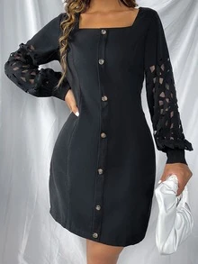 SHEIN Privé Đầm Nút Cắt ra màu trơn Thanh lịch - màu đen - Xem 4