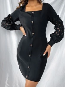 SHEIN Privé Đầm Nút Cắt ra màu trơn Thanh lịch - màu đen - Xem 5