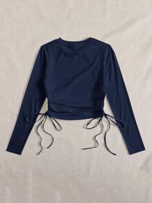 SHEIN EZwear Drawstring Ruched Solid Round Neck Crop Tee - Navy Blue - View 2