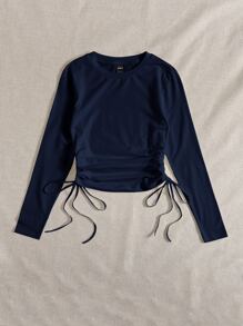 SHEIN EZwear Drawstring Ruched Solid Round Neck Crop Tee - Navy Blue - View 4