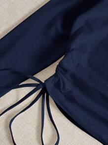 SHEIN EZwear Drawstring Ruched Solid Round Neck Crop Tee - Navy Blue - View 5