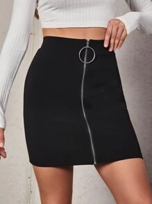 SHEIN Privé Váy nữ Nhẫn Dây kéo màu trơn Giải trí - màu đen - Xem 4