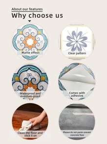 5/10pcs Pack Flower Tile Self-Adhesive Floor Stickers Waterproof Anti-Slip Moroccan Printed Tile Stickers Home Decoration Wall Stickers 7.87x7.87inch, Stickers, Wall Decal, Vinyl Decal For Home Decorations, Spring Decoration Items Refresh Your Home, Rama Decoration Stickers - Multicolor - View 4