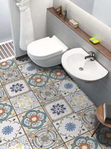 5/10pcs Pack Flower Tile Self-Adhesive Floor Stickers Waterproof Anti-Slip Moroccan Printed Tile Stickers Home Decoration Wall Stickers 7.87x7.87inch, Stickers, Wall Decal, Vinyl Decal For Home Decorations, Spring Decoration Items Refresh Your Home, Rama Decoration Stickers - Multicolor - View 5