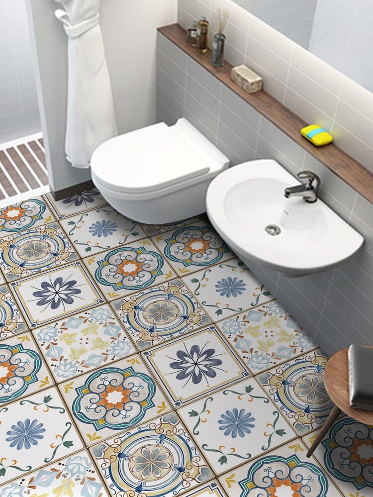 5/10 件装花朵瓷砖自粘地板贴纸防水防滑摩洛哥印花瓷砖贴纸家居装饰墙贴 7.87x7.87 英寸，贴纸，墙贴花，乙烯基贴花用于家居装饰，春季装饰品让您的家焕然一新，拉玛装饰贴纸 - 彩色 - 查看 5