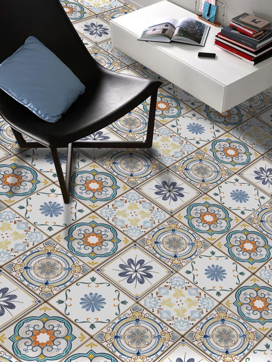5/10pcs Pack Flower Tile Self-Adhesive Floor Stickers Waterproof Anti-Slip Moroccan Printed Tile Stickers Home Decoration Wall Stickers 7.87x7.87inch, Stickers, Wall Decal, Vinyl Decal For Home Decorations, Spring Decoration Items Refresh Your Home, Rama Decoration Stickers - Multicolor - View 1