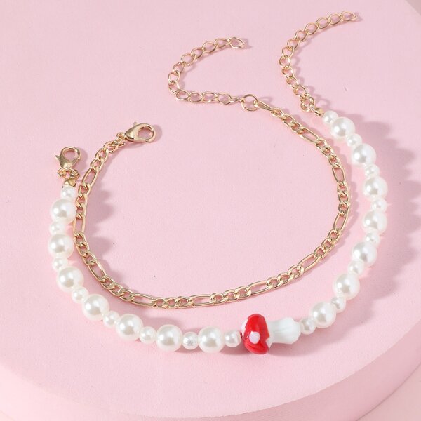 

2pcs Faux Pearl Decor Bracelet, Multicolor